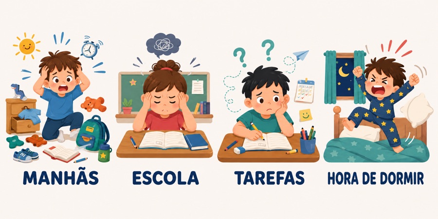 Quatro rotinas: manhas, escola, tarefas e dormir